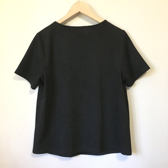 Velvety Black Faux Suede Short Sleeve V-Neck Tee - Picture 2 of 16